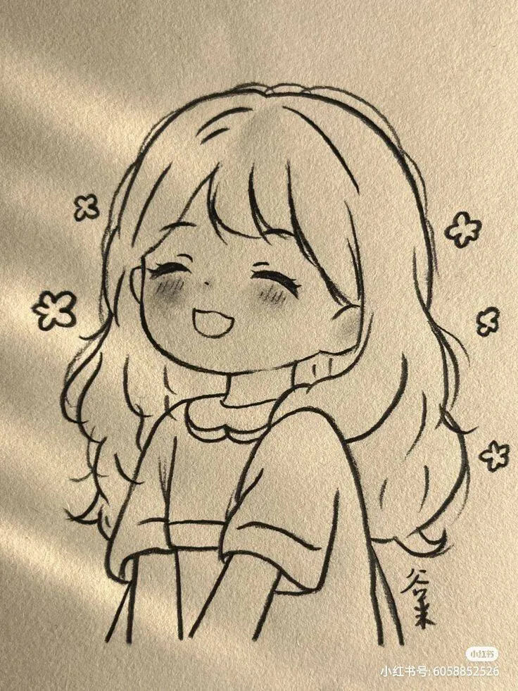 Desenho Fofo para Desenhar de Menina Sorridente com Flores