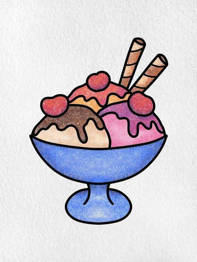 Cute Drawing of Sundae with Cherries and Straws