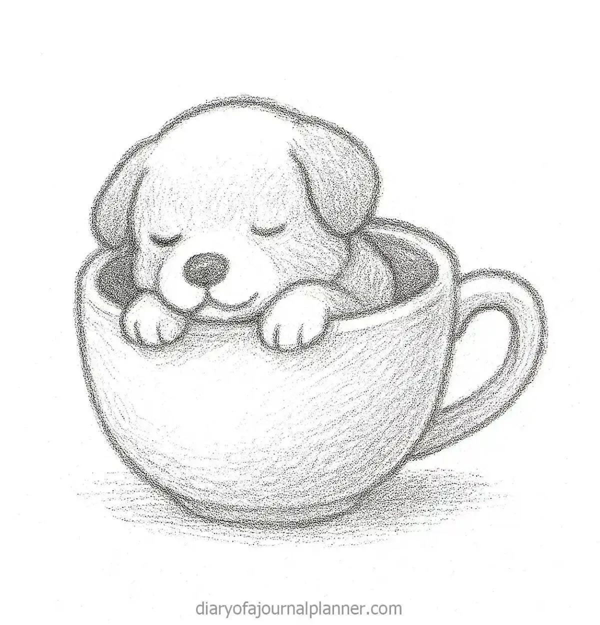 Cute Drawing of a Puppy Sleeping in a Mug