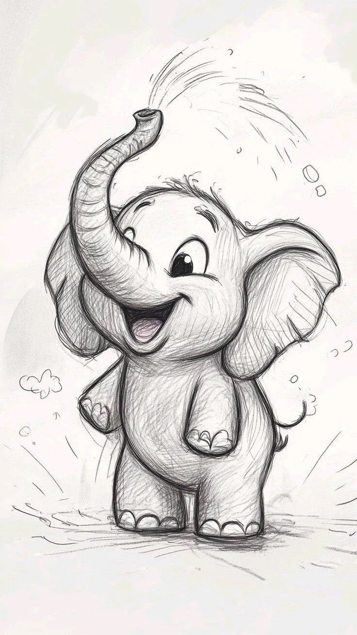 Cute Drawing to Draw of a Little Elephant Playing with Water
