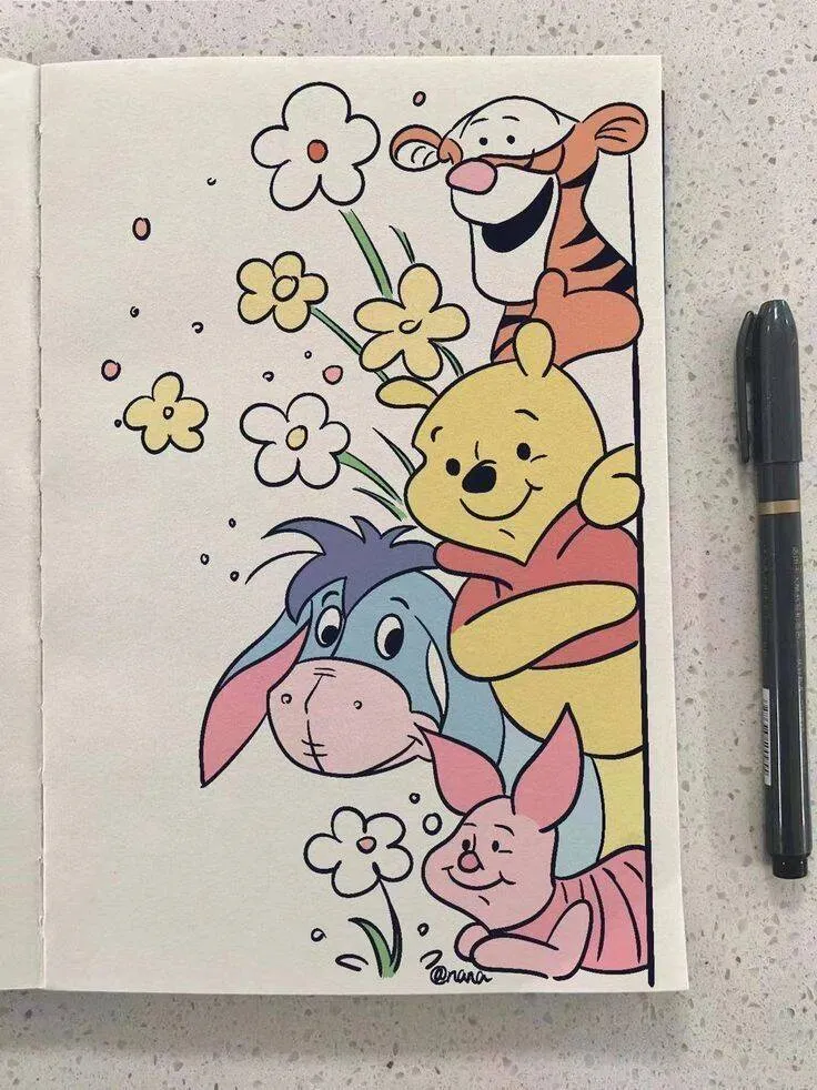 Cute Drawing to Draw of Pooh and His Friends in a Field of Flowers