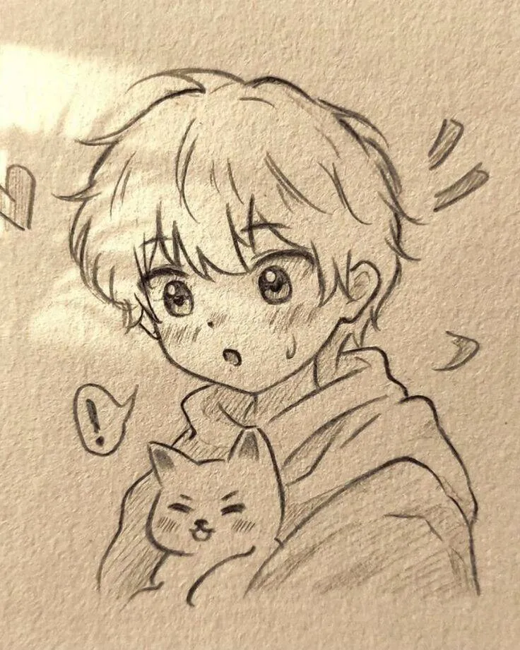 Desenho Fofo para Desenhar de Menino Surpreso com Gato