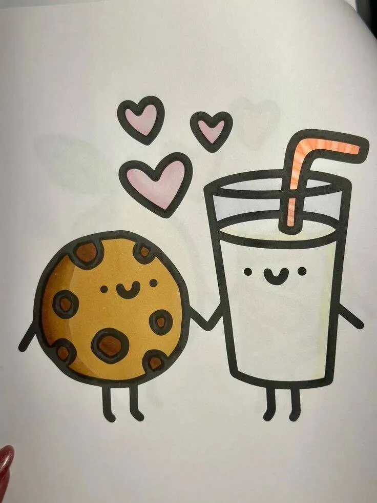 Cute Cookie and Milk Drawing with Hearts