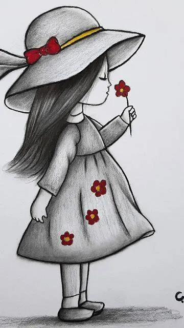 Desenho Fofo para Desenhar de Menina com Chapéu e Flor