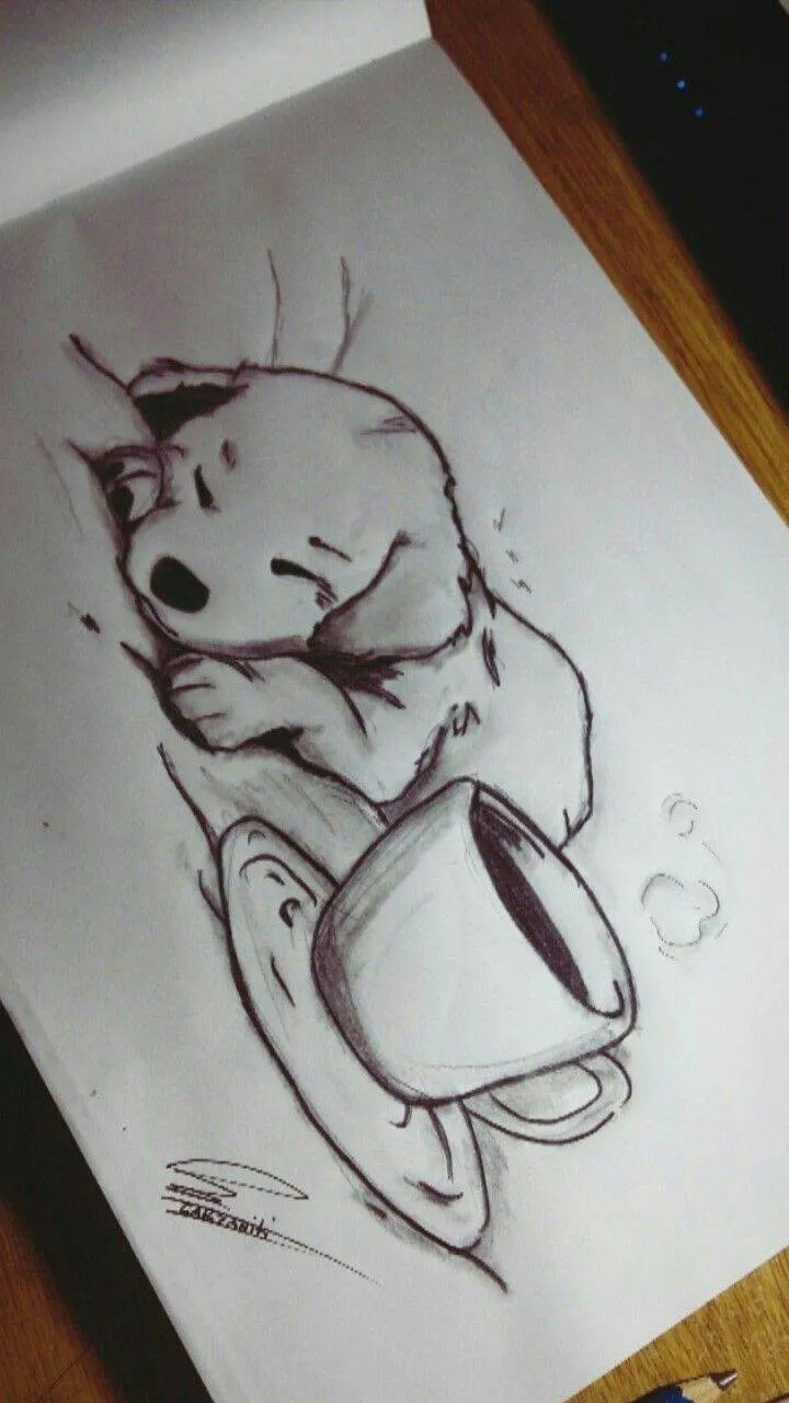 Desenho Fofo para Desenhar de Cachorrinho Dormindo com Xícara