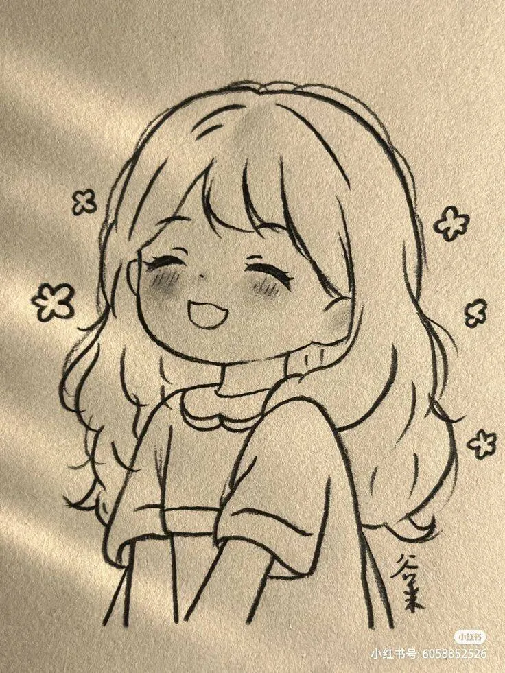 Desenho Fofo para Desenhar de Menina Sorridente com Flores