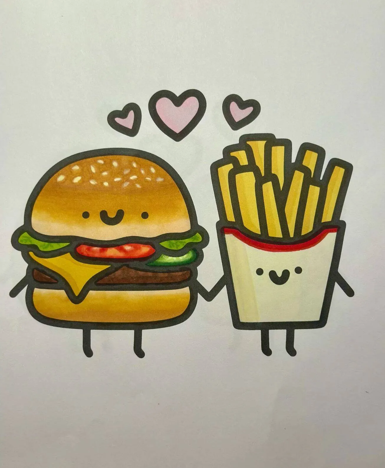 Desenho Fofo para Desenhar de Hambúrguer e Batata Frita Apaixonados