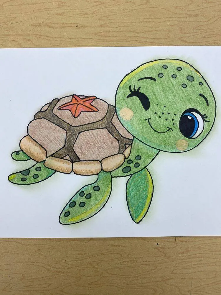 Desenho Fofo para Desenhar de Tartaruga com Estrela do Mar