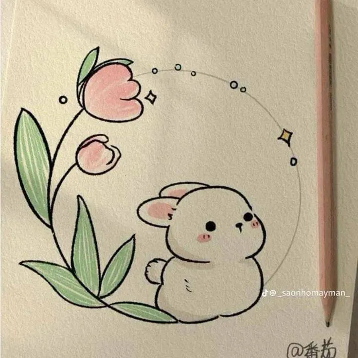 Desenho Fofo para Desenhar de Coelhinho com Flores