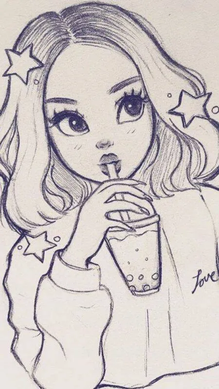 Desenho Fofo para Desenhar de Menina com Bebida Bubble Tea