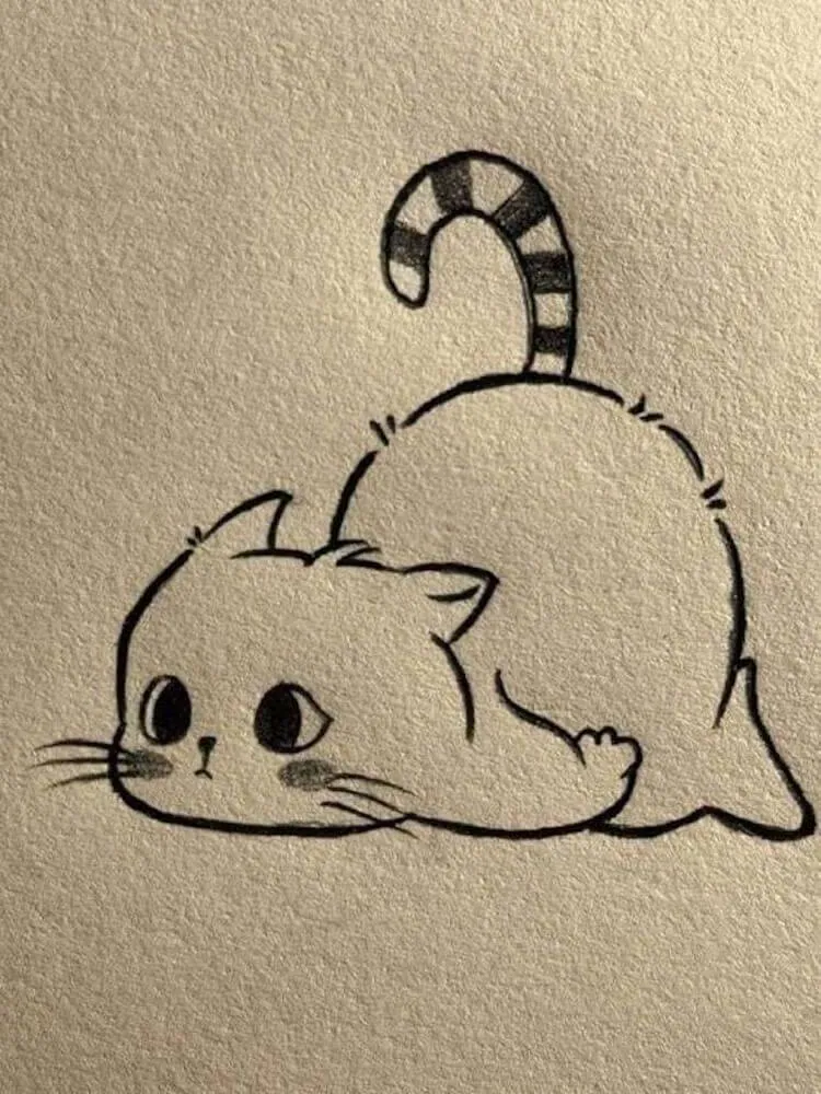 Cute Drawing of a Kitten with a Striped Tail