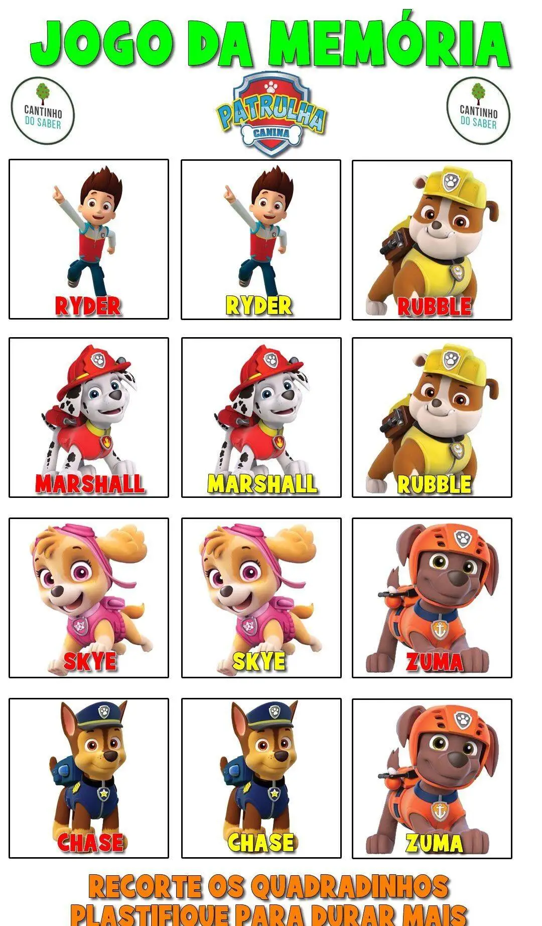 Jogo da Memória para Imprimir dos Paw Patrol
