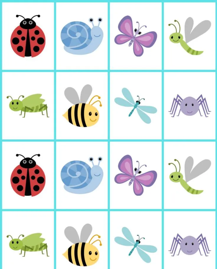 Jogo da Memória para Imprimir de Insetos e Animais