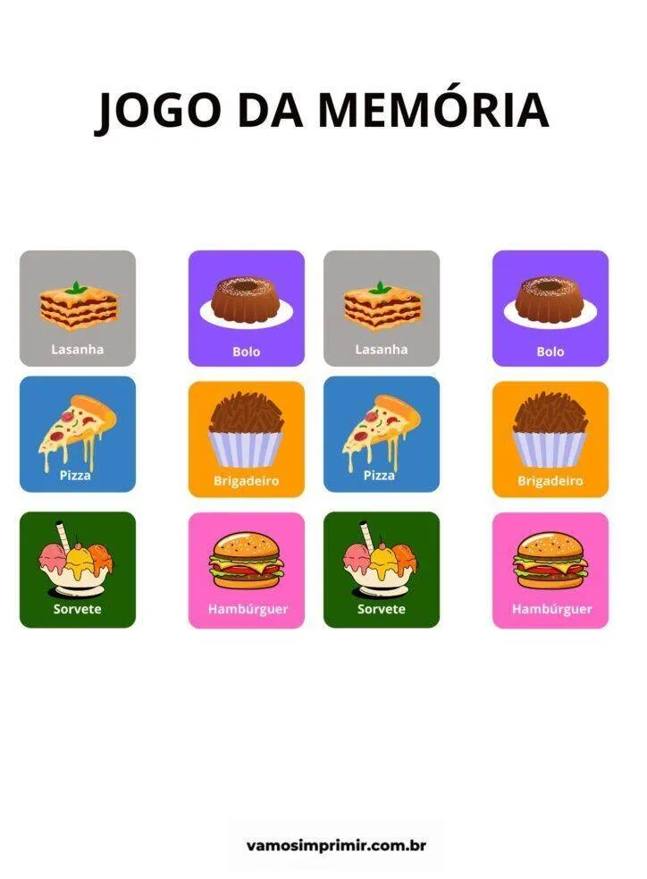 Jogo da Memória para Imprimir de Comidas Deliciosas