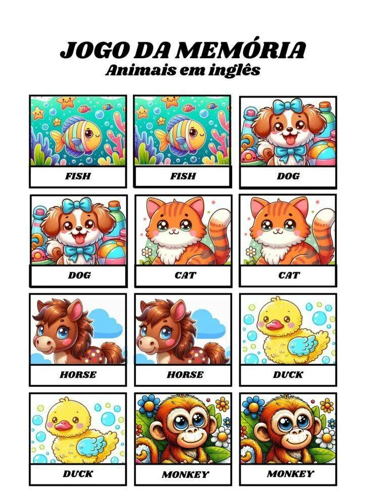 Jogo da Memória para Imprimir de Animais em Inglês