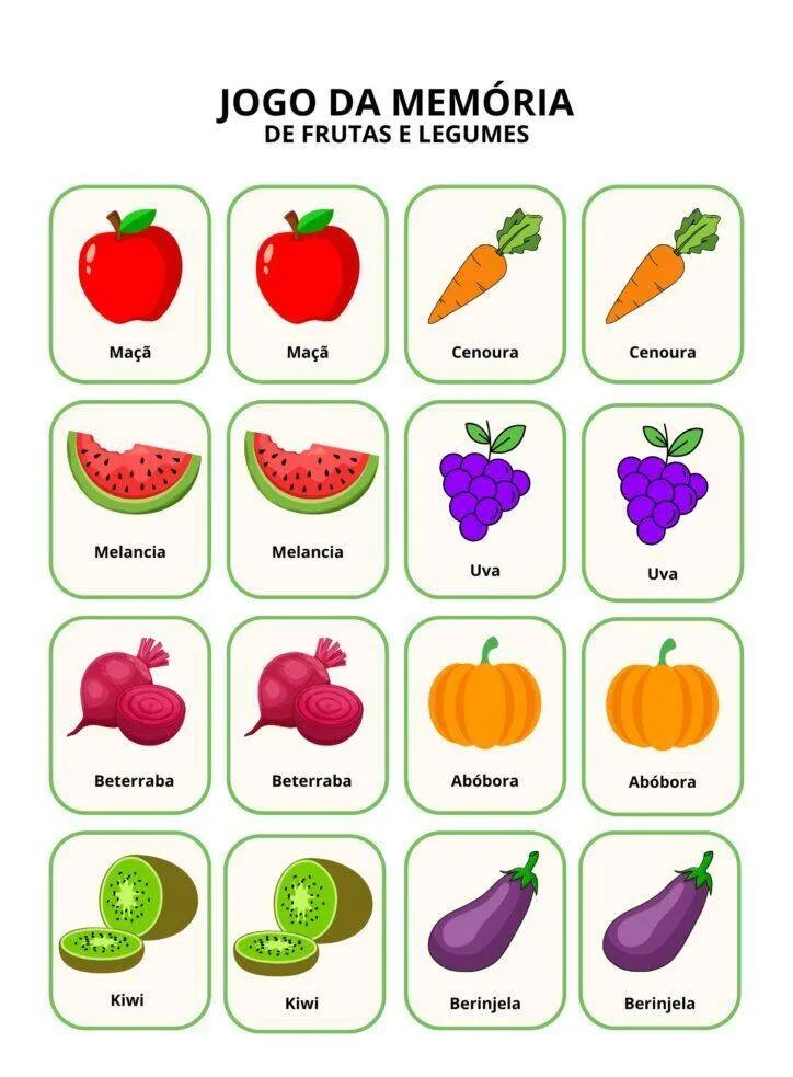 Jogo da Memória para Imprimir de Frutas e Legumes