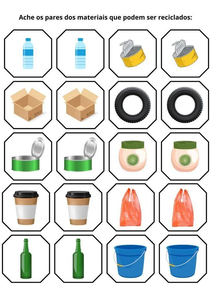 Jogo da Memória para Imprimir de Materiais Recicláveis