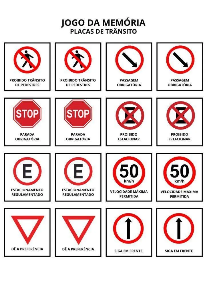Jogo da Memória para Imprimir de Placas de Trânsito