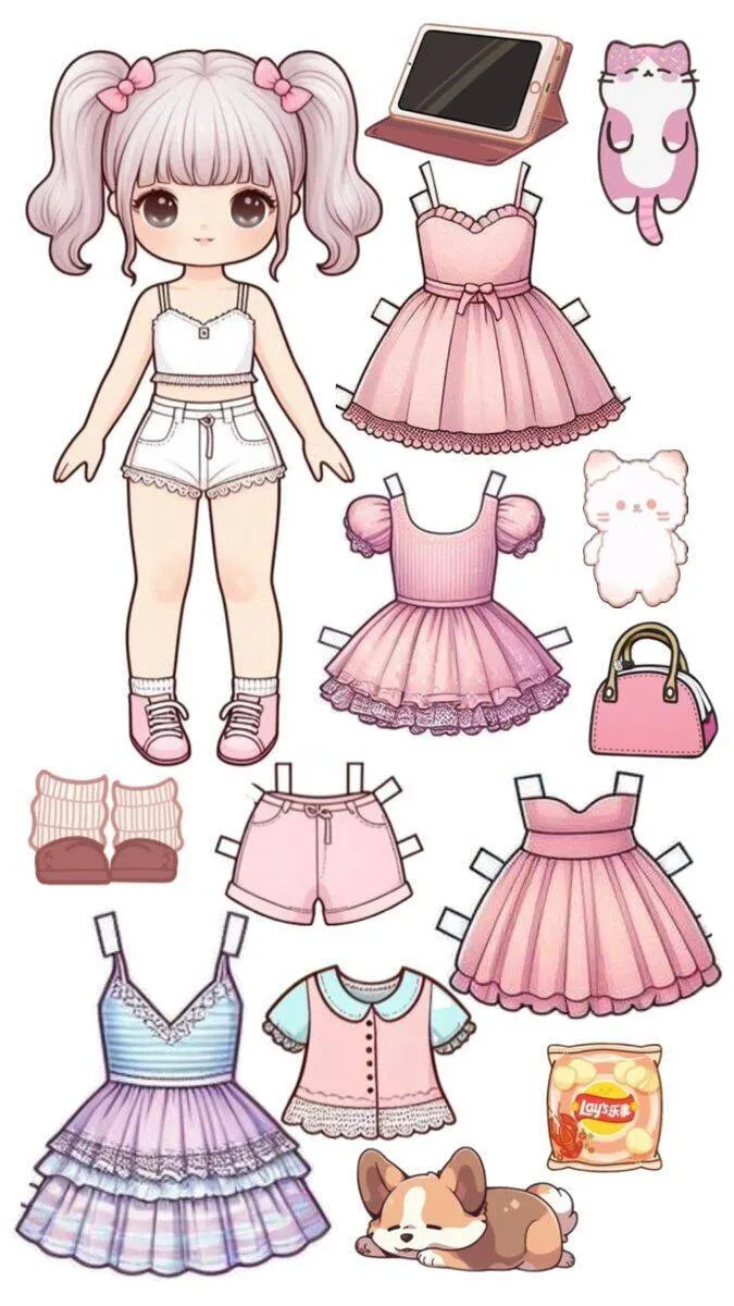 Poupée en papier imprimable avec des vêtements d'été et des accessoires amusants