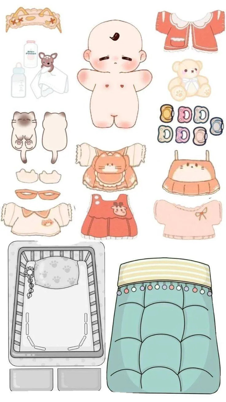 Paper Doll to Print and Cut with Baby Clothes and Accessories