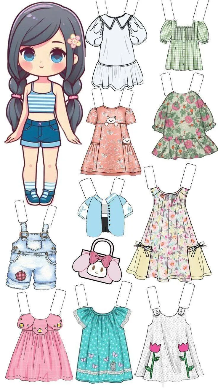 Poupée en papier imprimable avec des vêtements d'été et des accessoires colorés