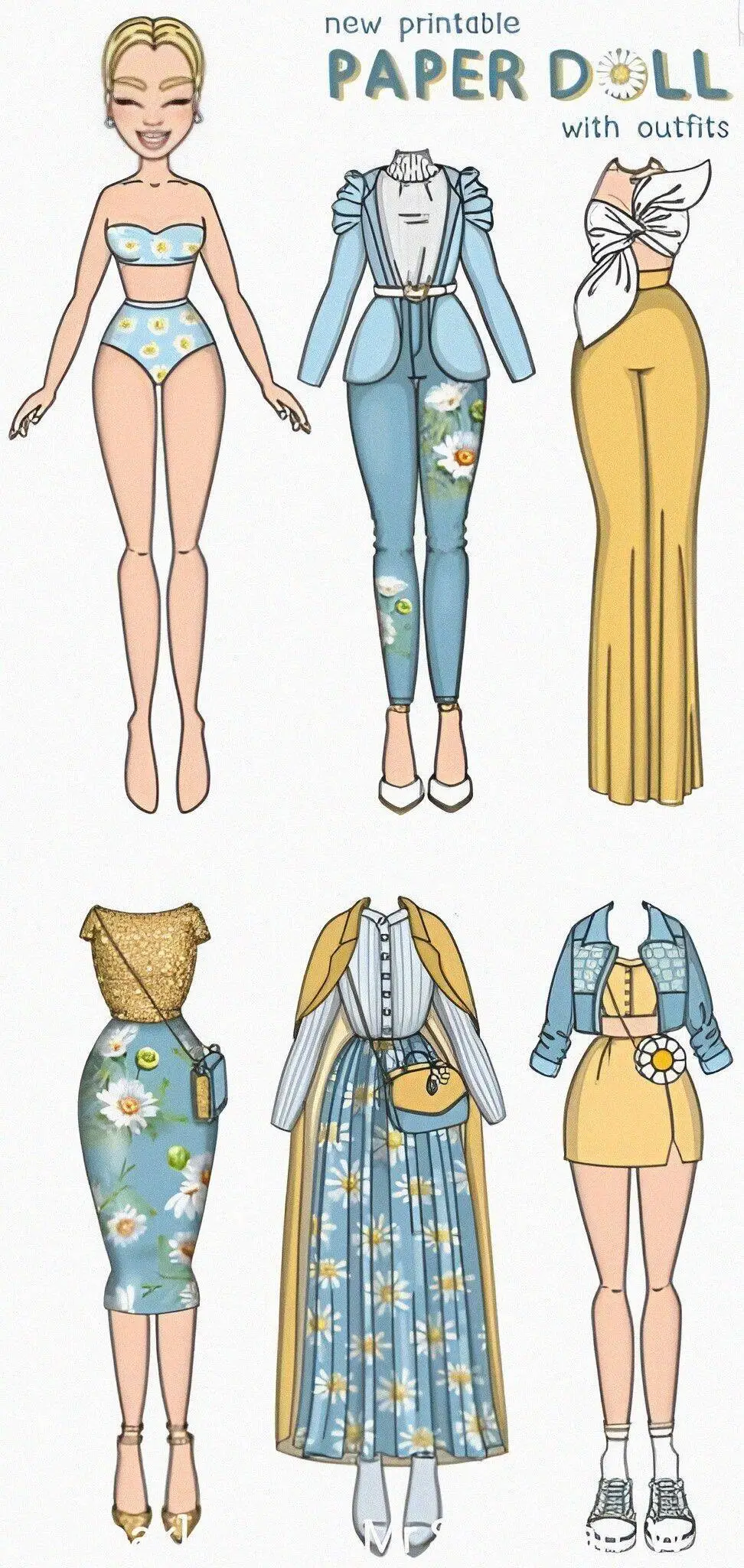 Poupée en papier imprimable avec des vêtements d'été et des accessoires colorés