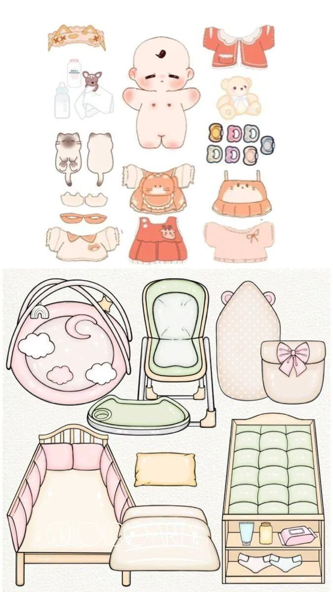 Poupée en papier imprimable avec vêtements et accessoires pour bébé
