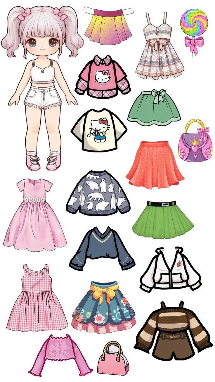 Poupée en papier imprimable avec des vêtements colorés et des accessoires amusants