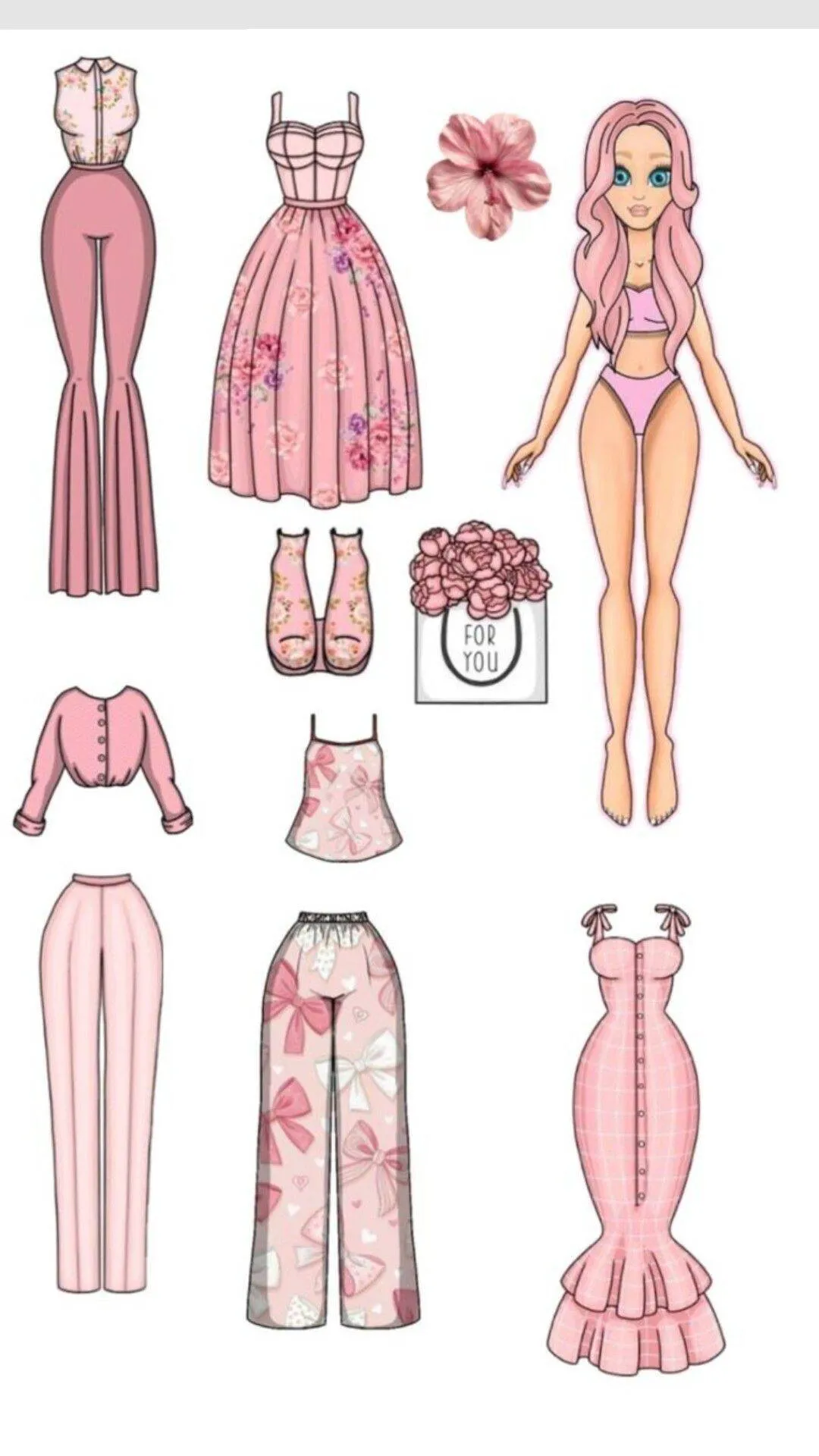 Boneca de Papel para Imprimir com Roupas em Tons de Rosa e Acessórios Elegantes