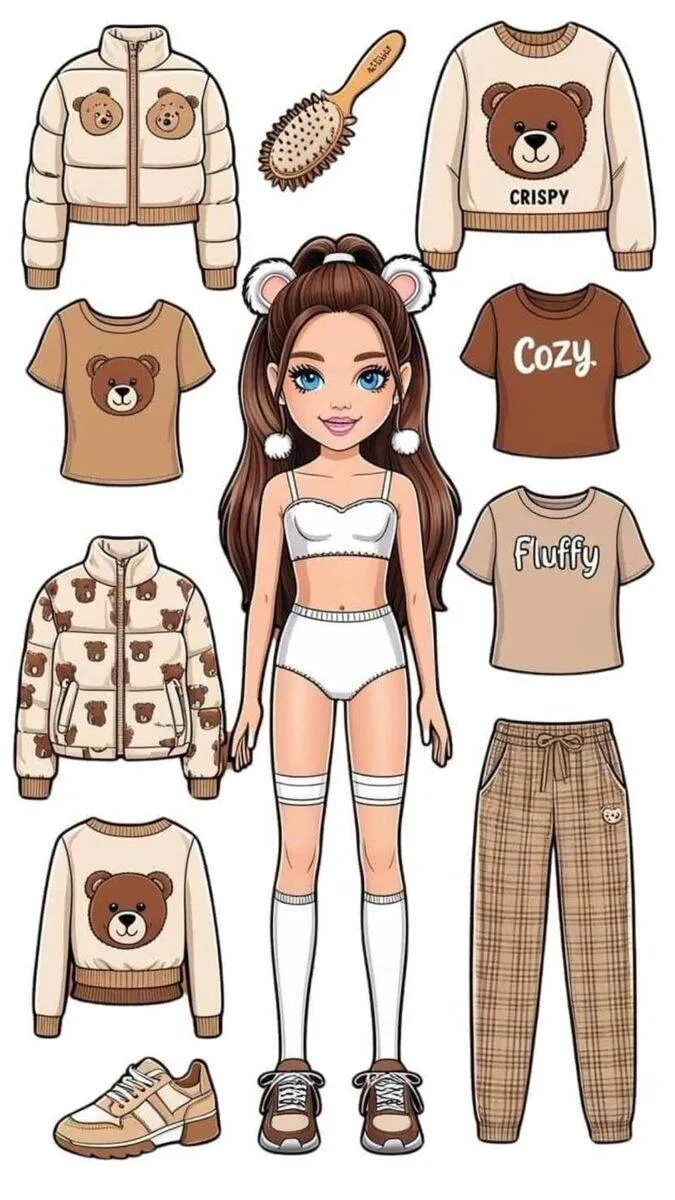 Boneca de Papel para Imprimir com Roupas de Urso e Acessórios Confortáveis
