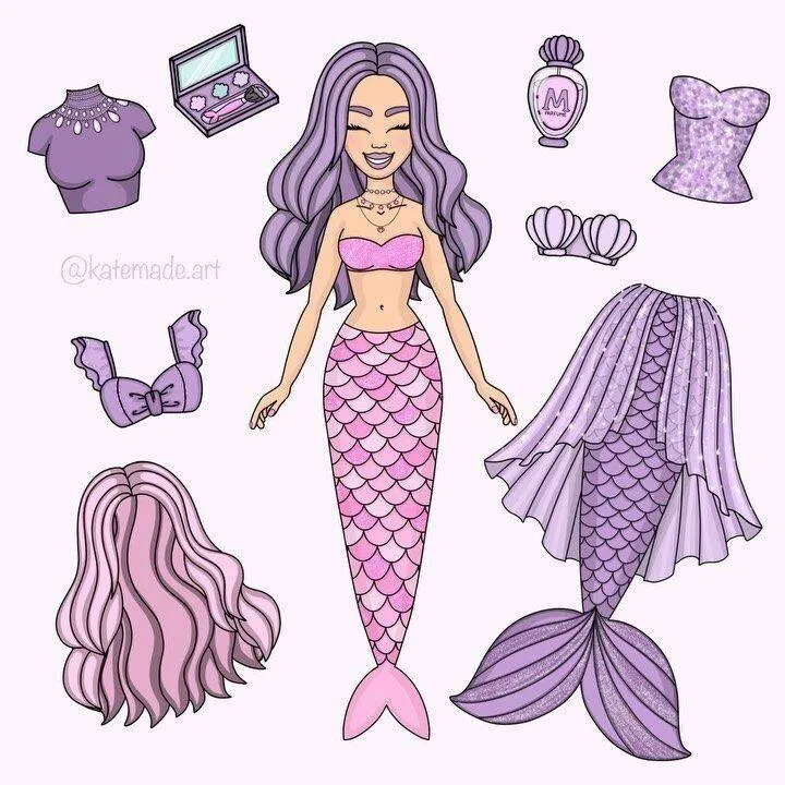 Boneca de Papel para Imprimir com Fantasia de Sereia e Acessórios Coloridos