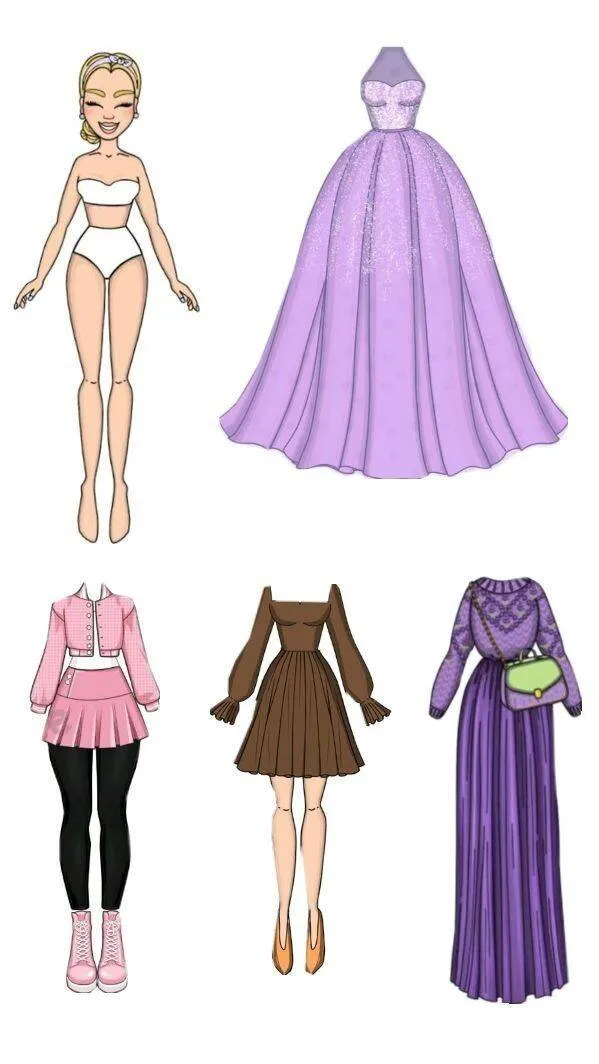 Boneca de Papel para Imprimir com Vestidos Elegantes e Acessórios