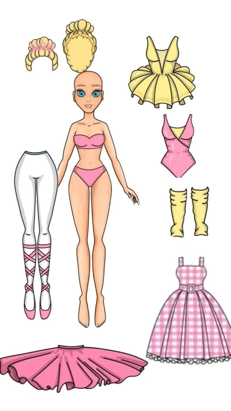 Boneca de Papel para Imprimir com Roupas de Bailarina e Acessórios Coloridos
