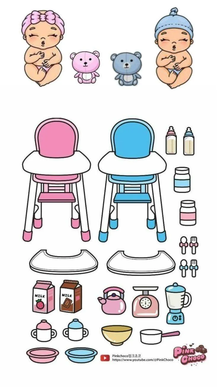 Bebê de Papel para Imprimir com Cadeiras de Alimentação e Acessórios