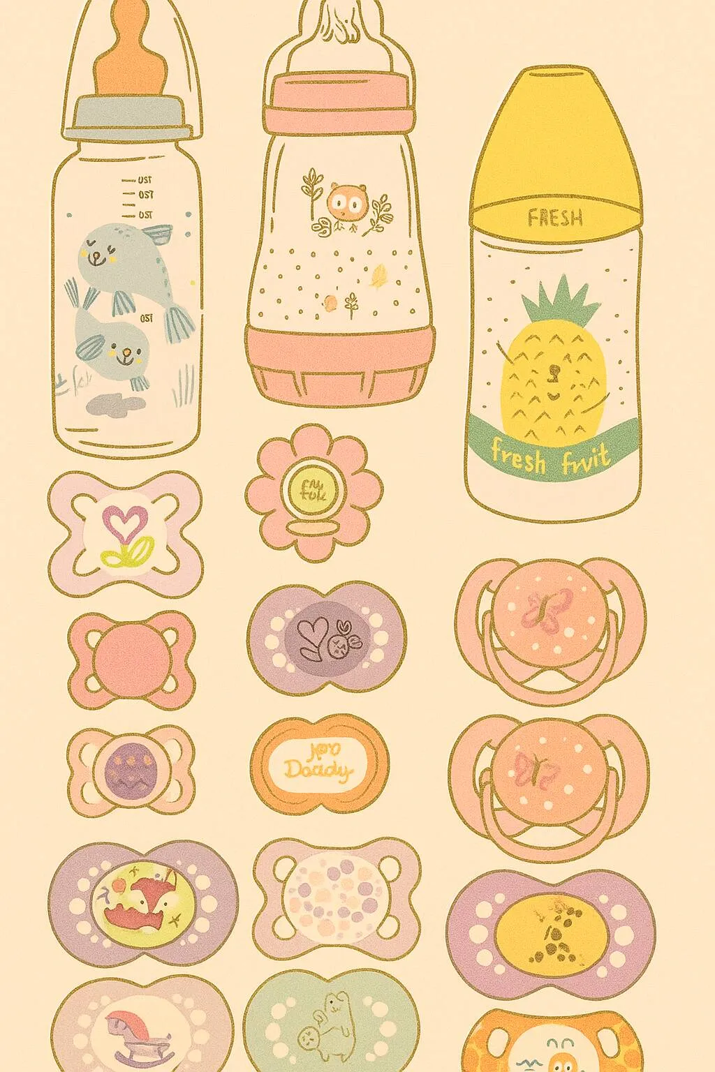 Bebê de Papel para Imprimir com Mamadeiras e Chupetas Coloridas