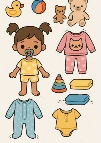 Bebê de Papel para Imprimir com Pijamas e Brinquedos