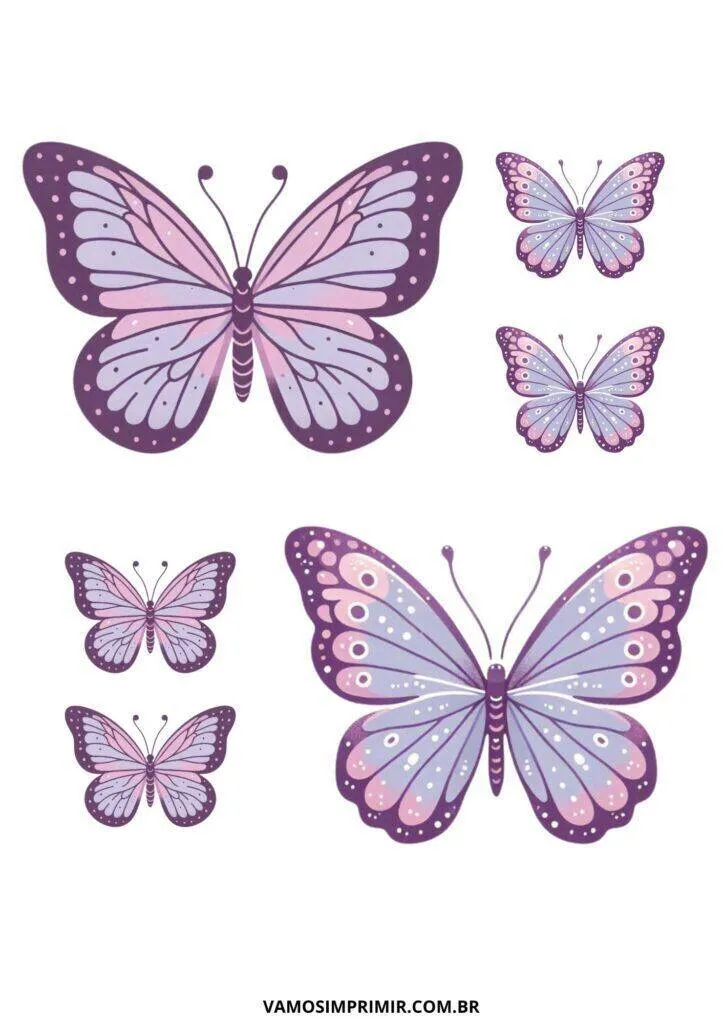 Molde de Borboleta para Imprimir em Tons de Roxo e Rosa