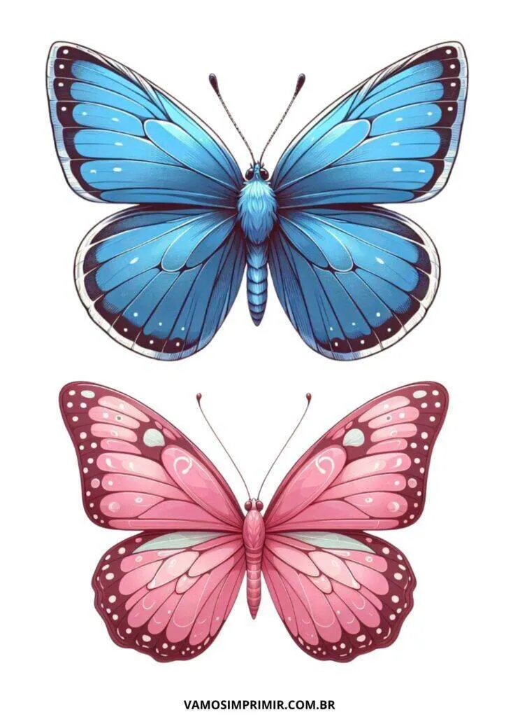 Molde de Borboleta Azul e Rosa para Imprimir e Colorir